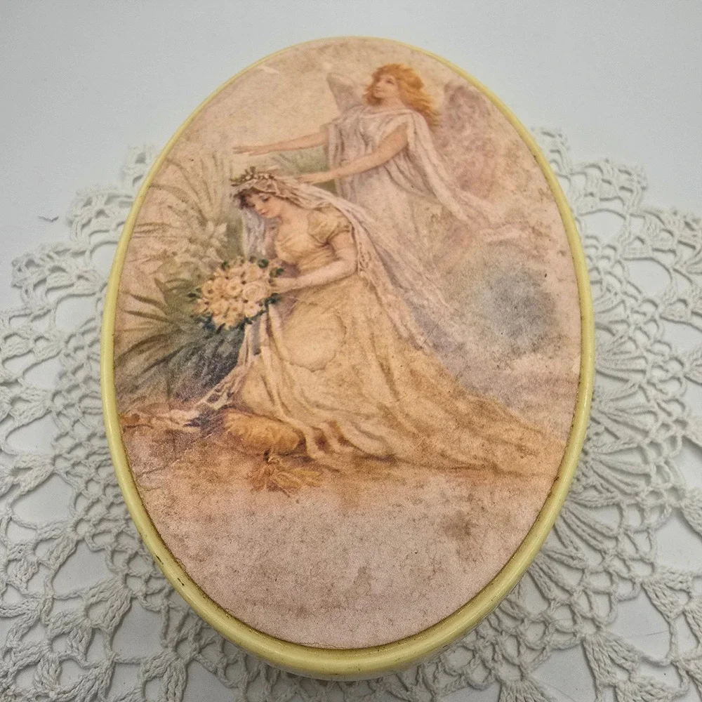 Vintage Celluloid Trinket Box Bride and Angel Lithograph Oval Vanity Jar Cream